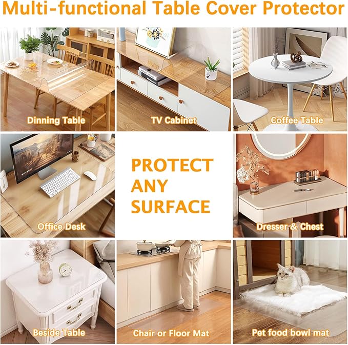 Clear Table Protector 56 x 56 Inch Thick Plastic Table Cover Protector Waterproof PVC Clear Tablecloth Protector Pad Vinyl Desk Top Protector Mat for Wood Coffee Glass End Sofa Side Dining Room Table