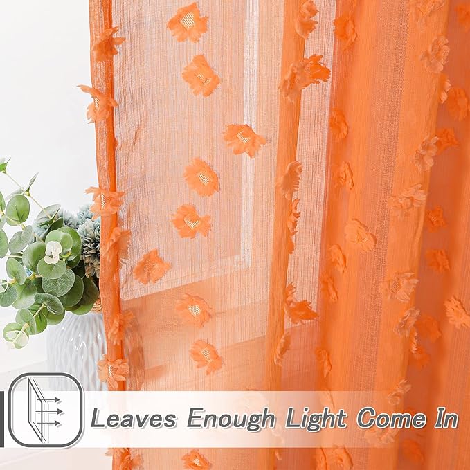 MYSKY HOME Orange Sheer Short Curtains with Pom Pom for Small Windows Bedroom Nursery Kids Girls Room Curtains Cafe Kitchen Light Filtering Boho Drapes, Rod Pocket,38 x 45 Inches, 2 Panels