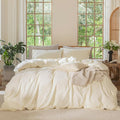 MooMee Bedding Duvet Cover Set 100% Washed Cotton Linen Like Textured Breathable Durable Soft Comfy (Solid Cream White, Oversized King Plus 128"x120")
