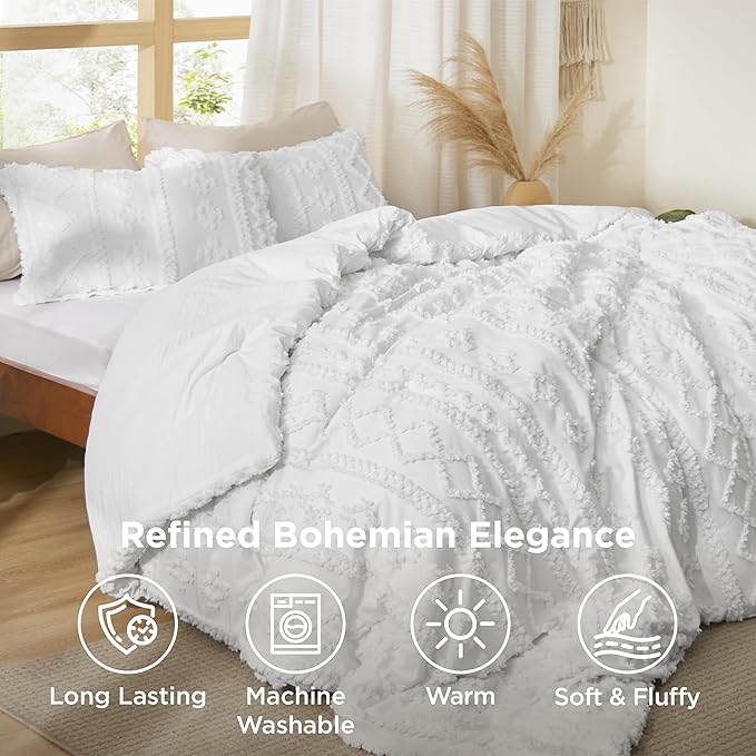 Bedsure Tufted Boho Comforter Set Oversized King - Bright White Boho Bed Set, GentleSoft™ 3 Pieces Farmhouse Shabby Chic Embroidery Bedding, Gifts for Woman, Soft Jacquard Comforter for All Seasons