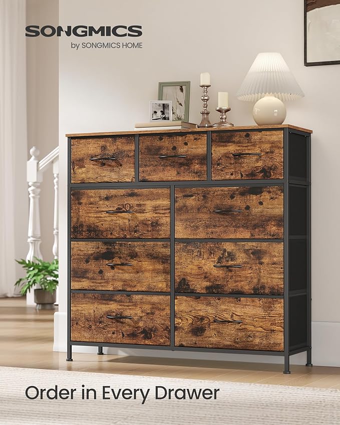 SONGMICS Dresser for Bedroom, Chest of Drawers, Steel, MDF, 9 Non-Woven Fabric Drawers, Storage Organizer Unit, Closet, Entryway, Rustic Brown and Ink Black LGS324B02S