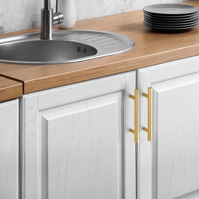 JOY DECOR 60 Pack Cabinet Handles, Gold Cabinet Pulls, 4 in Hole Center Kitchen Cabinet Handles, Stainless Steel T Bar Handles for Dresser Drawers