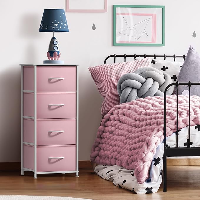 Sorbus Dresser Storage Tower, Organizer Drawers for Closet Boys & Girls Bedroom, Bedside Furniture, Chest for Home, College Dorm, Steel Frame, Wood Top, Fabric Bins(Pink)