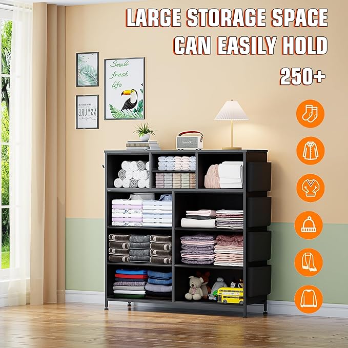 Dresser for Bedroom with 10 Drawers, Chest of Drawers with Side Pockets, Hooks, Wooden Top and Sturdy Metal Frame, Fabric Dresser Drawers for Living Room, Hallway (Black Wood Veins)