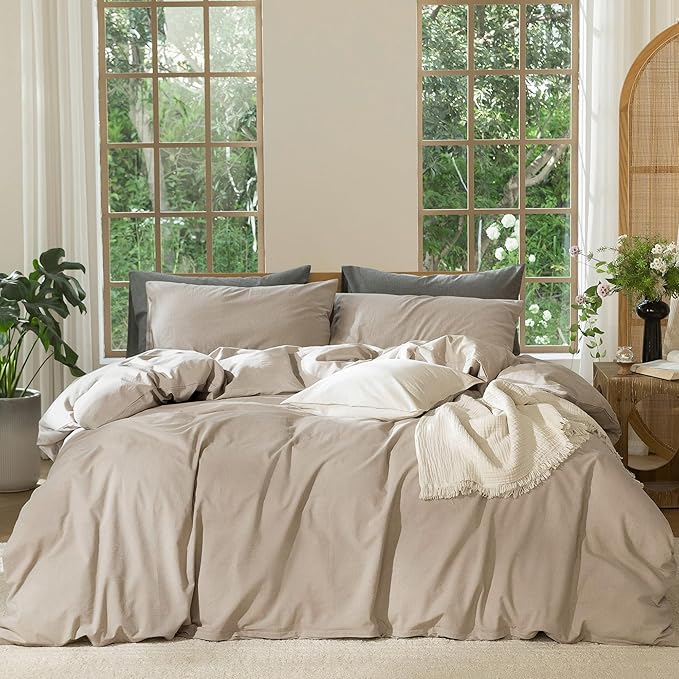 MooMee Bedding Duvet Cover Set 100% Washed Cotton Linen Like Textured Breathable Durable Soft Comfy (Heathered Taupe, King 104"x90")