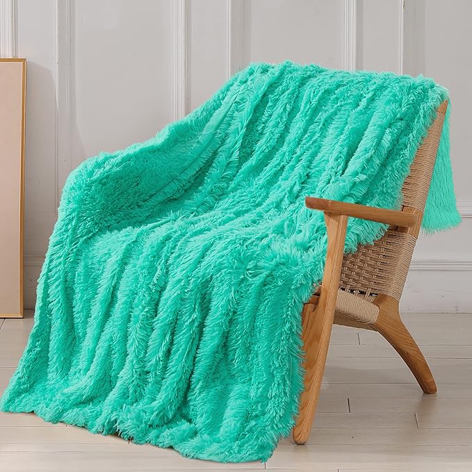 Tuddrom Decorative Extra Soft Faux Fur Throw Blanket 70"x78",Solid Reversible Fuzzy Lightweight Long Hair Shaggy Blanket,Fluffy Cozy Plush Fleece Comfy Microfiber Blanket for Couch Sofa Bed,Teal Blue