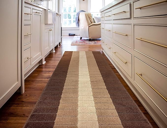 Custom Size Modern Geometric Pattern Carpet Runner Rug for Hallways, Slip Resistant Latex Rubber Backed, 31 inch Wide X Customized Length, Squares Brown, 31 inch X 9 feet