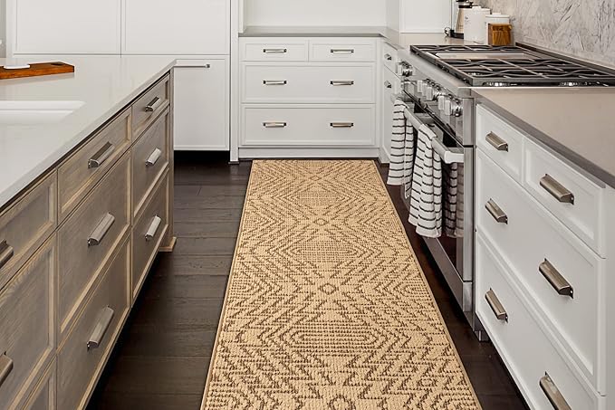 Custom Length Cut to Size Tribal Ethnic Southwestern Inspired Hallway Runner Rug, Non Slip Rubber Backed, 31 inch Wide X Customized Length, Inca Tan, 31 inch X 8 feet