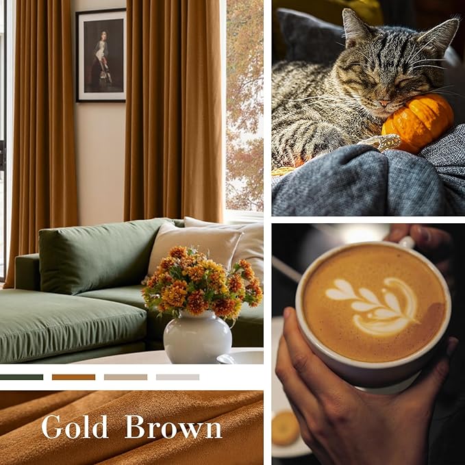 Lazzzy Velvet Blackout Curtains Thermal Insulated Room Window Drapes Super Soft Luxury Curtains for Living Room Bedroom Rod Pocket 2 Panels, Gold Brown, 62" W x 90" L