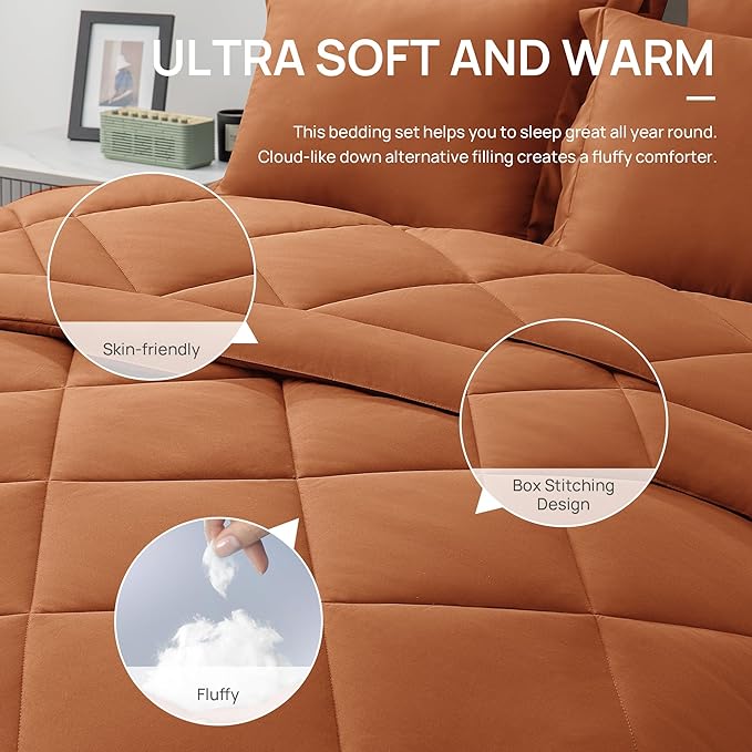 Love's cabin Full Comforter Set Terracotta, 7 Pieces Full Bed in a Bag, All Season Bedding Sets with 1 Comforter, 1 Flat Sheet, 1 Fitted Sheet, 2 Pillowcase and 2 Pillow Sham