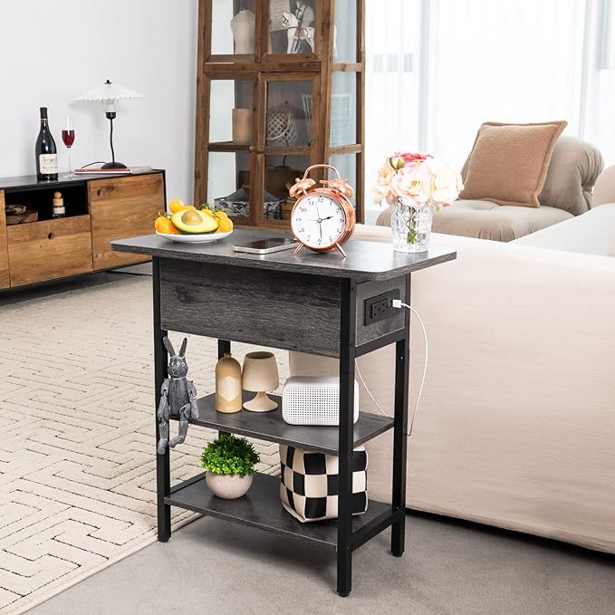 Yoobure End Table with Charging Station, Flip Top Side Table with USB Ports and Outlets, Sofa Couch Table Bedside Table for Living Room Bedroom, Narrow Nightstand with Storage Shelves for Small Space
