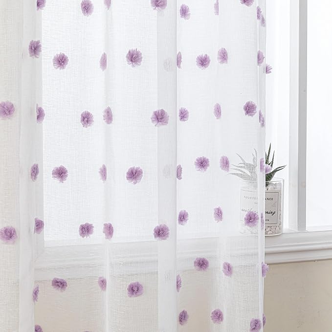 MYSKY HOME Purple Pom Pom Sheer Curtains for Bedroom and Living Room - 95 Inch Length Light Filtering Rod Pocket Window Backdrops for Large Sliding Doors - 52 x 95 in 2 Panels