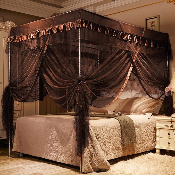 Mengersi 4 Corners Post Canopy Bed Curtains Canopy for Bed King Size - Royal Luxurious Mosquito Net Bedroom Decor (King, Coffee)