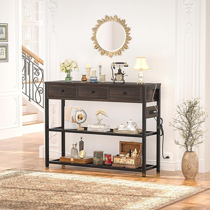 Ecoprsio 47'' Entryway Table with Outlets and USB Ports, Console Table with 3 Drawers, Sofa Table Narrow Long with Storage Shelves for Living Room, Couch, Hallway, Foyer, Black Walnut Finish