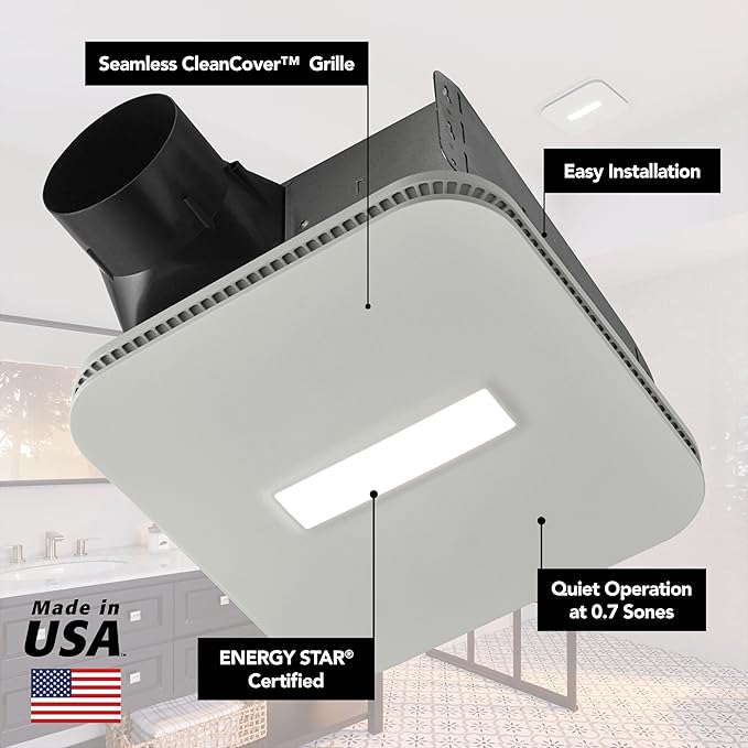 Broan-NuTone AE80LK Ventilation with LED CleanCover and Roomside Installation, ENERGY STAR Certified, 80 CFM, 0.7 Sones, White
