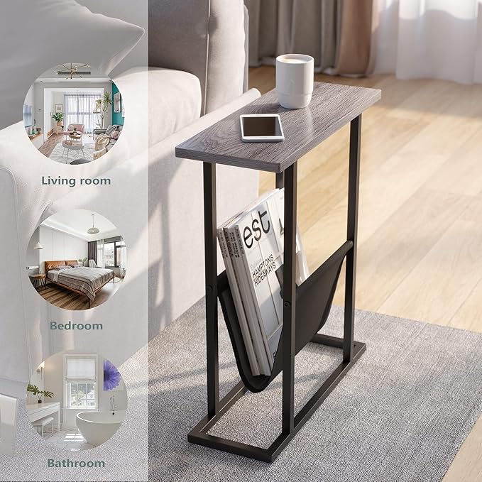 Yusong Small Narrow Side Table for Small Spaces, 17.7" W Slim End Table Magazine Table Nightstand with Storage Holder, Accent Skinny Snack Couch Bedside Table, Grey, Complete Iron Pipes