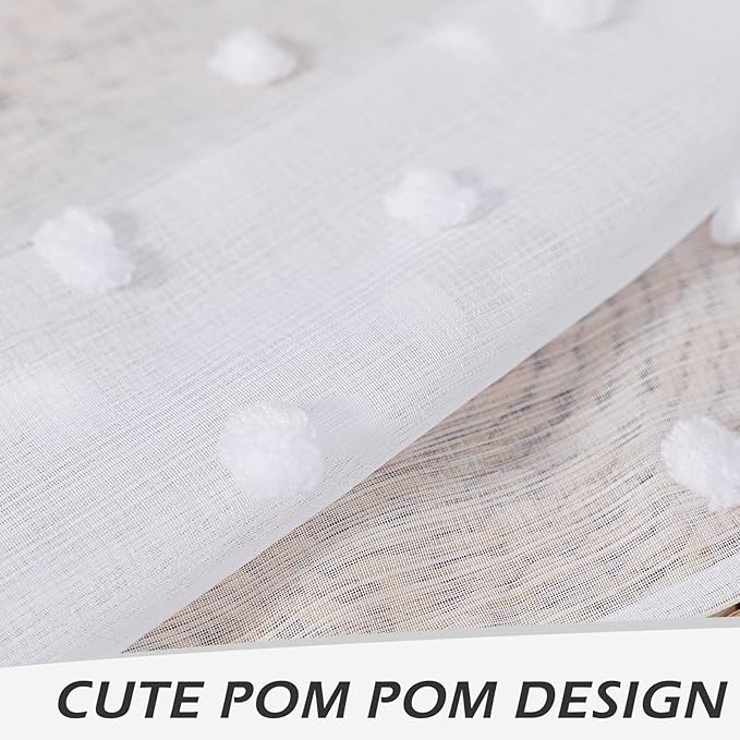 MYSKY HOME Short Curtains for Small Window - 45 Inch Long White Sheer Voile Panels with Pom Pom Trim for Kitchen, Bedroom, Living Room, Cafe, Nursery - 2 Sets - 52 x 45 Inch