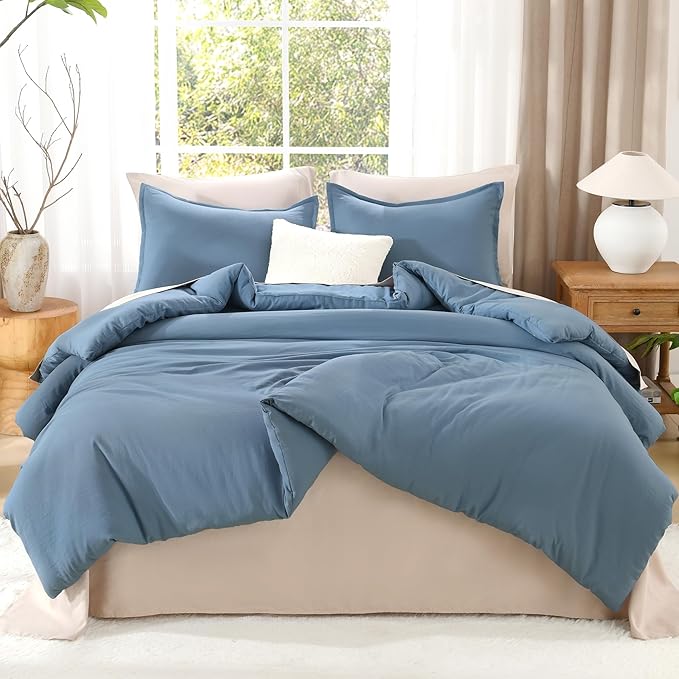 Litanika Full Size Comforter Sets Grayish Blue, 3 Pieces Lightweight Solid Bedding Comforter Set, All Season Fluffy Bed Set (79x90In Comforter & 2 Pillowcases)
