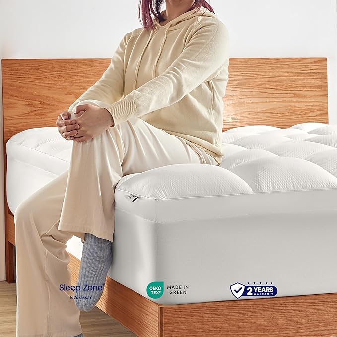 SLEEP ZONE Queen Mattress Protector, Deep Pocket Mattress Pad Cover, Thick Fitted Mattress Topper for Back Pain, Hotel Quality (White, Queen)