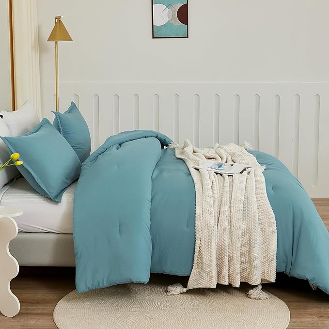 Litanika Comforters Grayish Teal Oversized King Size, 3 Pieces Lightweight Solid Bedding Comforter Set, All Season Fluffy Bed Set (120x98In Comforter & 2 Pillowcases)