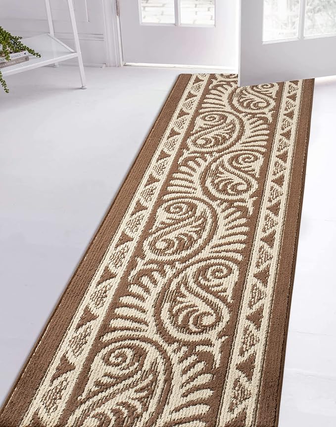 Custom Length Cut to Size Tribal Ethnic Southwestern Inspired Hallway Runner Rug, Non Slip Rubber Backed, 31 inch Wide X Customized Length, Mayan Brown, 31 inch X 20 feet