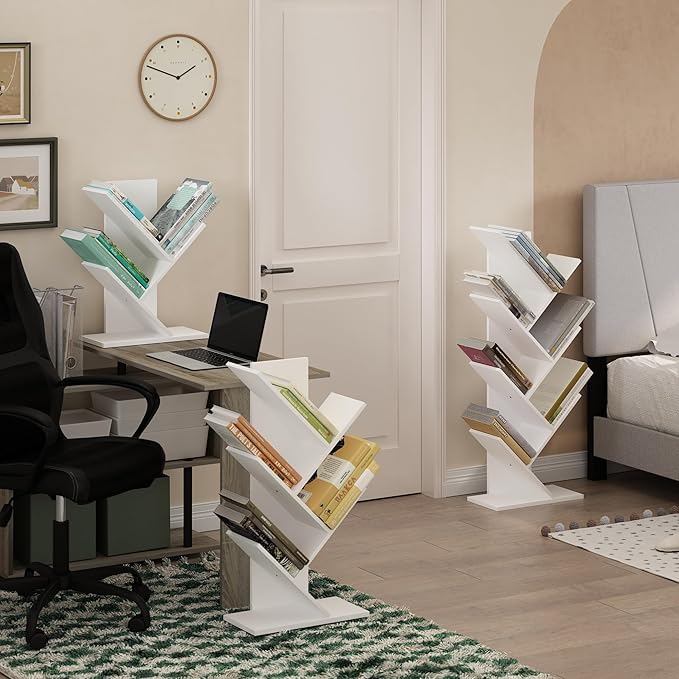 Furinno Tree Book Shelf, 3-Tier Bookshelf, Tree Bookcase for Room Decor, 8.4 x 15.7 x 21.3, for Living Room, Bedroom, Home Office, White