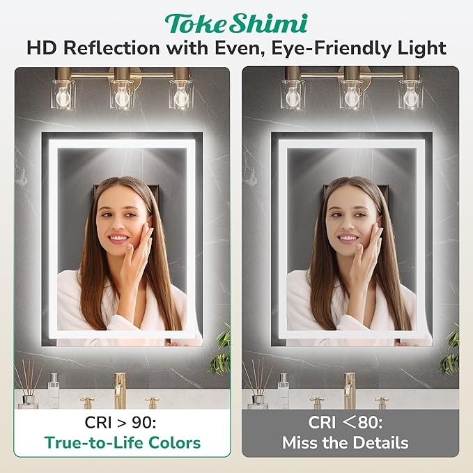 TokeShimi 55x36 LED Bathroom Mirror with 3-Color Lights,Anti-Fog Lighted Mirrors for Bathroom Wall,HD Tempered Glass,Memory Function,Waterproof,Shatterproof,UL Listed