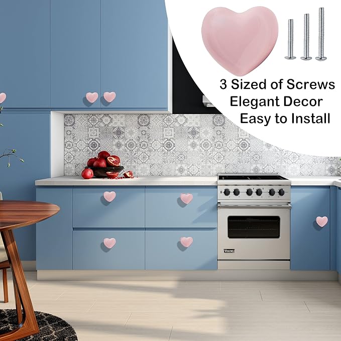Ceramic Drawer Knobs Heart Shape Cabinet Dresser Pulls Handles with 3 Sized Screws, Kitchen Furniture Knobs for Closet Cupboard Wardrobe (6, Powder Pink)