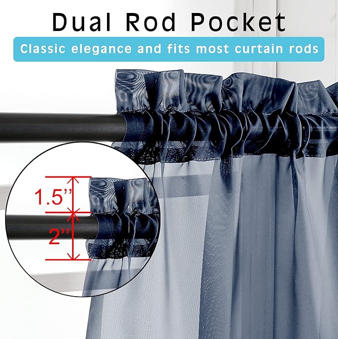 OWENIE Navy Blue Sheer Kitchen Valance for Windows Set of 2, Small Modern Rod Pocket Voile Valance Curtain Window Treatment Decor for Living Room Bathroom Cafe Laundry Basement, 42" W x 14" L