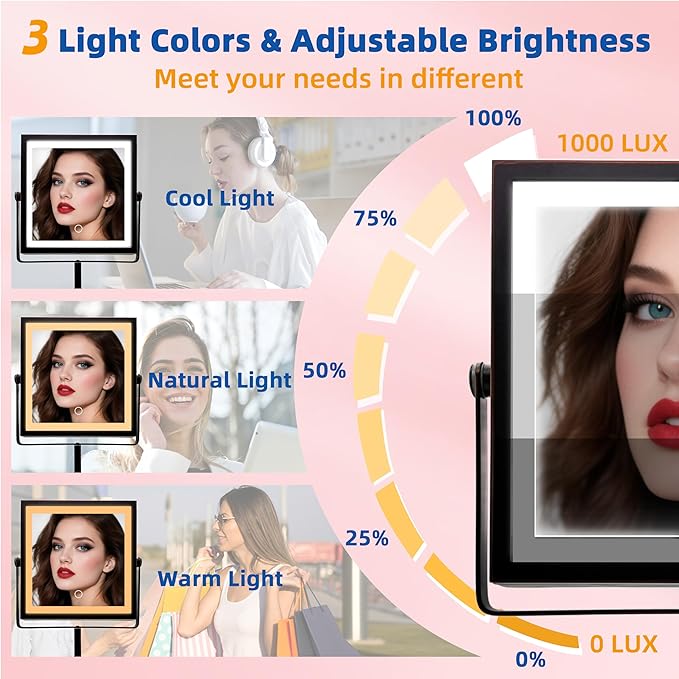 Ruacq Rechargeable Makeup Mirror, 4000mAh Lighted Makeup Mirror with Magnification 1X/10X, Height Adjustable Vanity Mirror with Lights, 3 Color Lights, Adjustable Brightness, (Oil Rubbed Bronze)