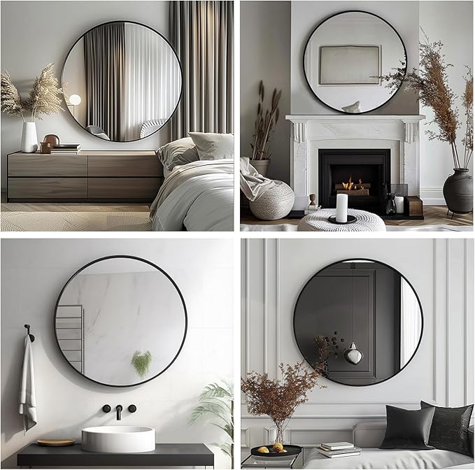 Circle Mirror 26 inch, Black Round Mirror, Round Bathroom Mirrors Metal Frame, Circle Mirrors for Living Room, Bathroom, Wall, Hallway.