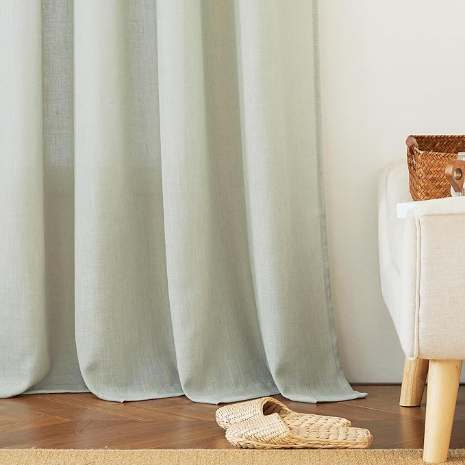 RYB HOME Green Linen Curtains 90 inches Long for Living Room Kids Room, Light Filtering Privacy Protection Home Decor 2 Panels Set for Sliding Glass Door, W 52 x L 90 inches, Sage Green