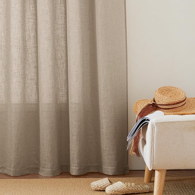RYB HOME Linen Kitchen Curtains 63 inch Length for Living Room Bedroom, Privacy Protection Light Filtering Decorative Natural 2 Panels Set Farmhouse Boho, Khaki, W 34 x L 63 inches