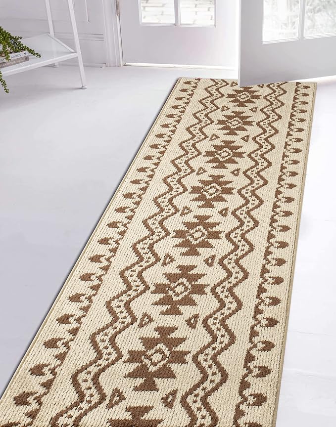 Custom Length Cut to Size Tribal Ethnic Southwestern Inspired Hallway Runner Rug, Non Slip Rubber Backed, 31 inch Wide X Customized Length, Aztec Beige, 31 inch X 8 feet