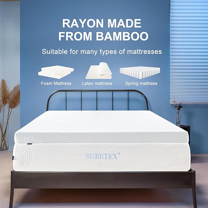 Subrtex 3 Inch Mattress Topper Cover (Only Cover) Mattress Topper Protector Bedding Rayon Made from Bamboo Removable Mattress Encasement with Zippers, CK