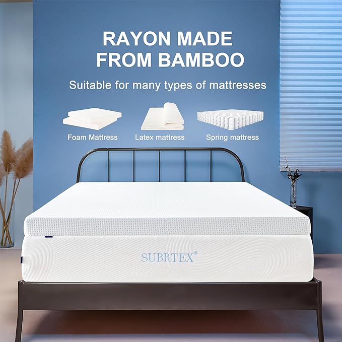 Subrtex 3 Inch Mattress Topper Cover (Only Cover) Mattress Topper Protector Bedding Rayon Made from Bamboo Removable Mattress Encasement with Zippers, Queen