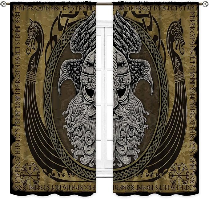 Norse Viking Curtains, Nordic Warriors Sword Celtic Rune Scandinavian Aesthetic Nation Valknut Mythology Window Drapery for Bedroom Living Room Bathroom 2 Panels, 63"x72" Inch