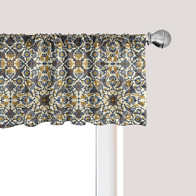 Ambesonne Turkish Pattern Window Valance Pack of 2, Flowers in and Traditional Style, Rod Pocket Curtain Valances for Kitchen Bedroom, 54" X 12", Earth Yellow Slate Blue