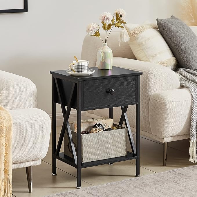 VECELO Nightstands Set of 2, Modern Bedside End Tables, Night Stands with Drawer and Storage Shelf for Living Room Bedroom, Industrial Metal Frame