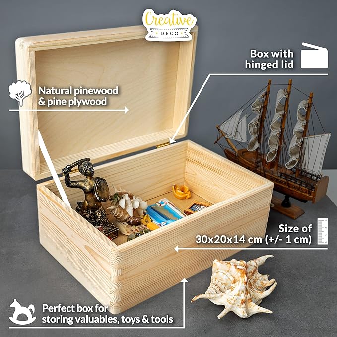 Large Wooden Storage Box with Hinged Lid | 11.8 x 7.87 x 5.51 inches (+-0.5) | Plain Unpainted Gift Box for Tool Toy Shoes Crafts Clothes Jewelry | ROUGH & UNSANDED Wood Keepsake Chest