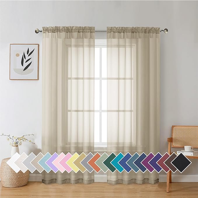 Aiyufeng Taupe Sheer Curtains 72 Inches Long 2 Panels Set, Semi Transparent Voile Rod Pocket Sheer Window Drapes for Bedroom Bed Canopy Living Room Dining Wedding Party Backdrop, 42W x 72L inch