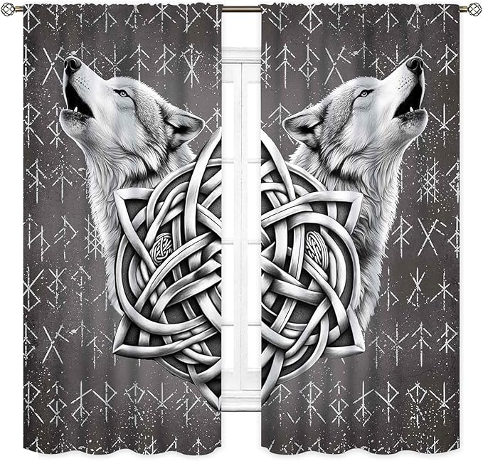 Viking Curtains, Gothic Nordic Wolf Celtic Rune Scandinavian Viking Runes Norse Mythology Aesthetic Retro Drapery for Bedroom Living Room Bathroom Window 2 Panel Set, 63"x72" Inch