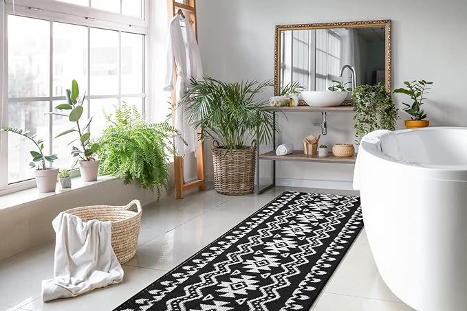 Custom Length Cut to Size Tribal Ethnic Southwestern Inspired Hallway Runner Rug, Non Slip Rubber Backed, 31 inch Wide X Customized Length, Aztec Black, 31 inch X 33 feet