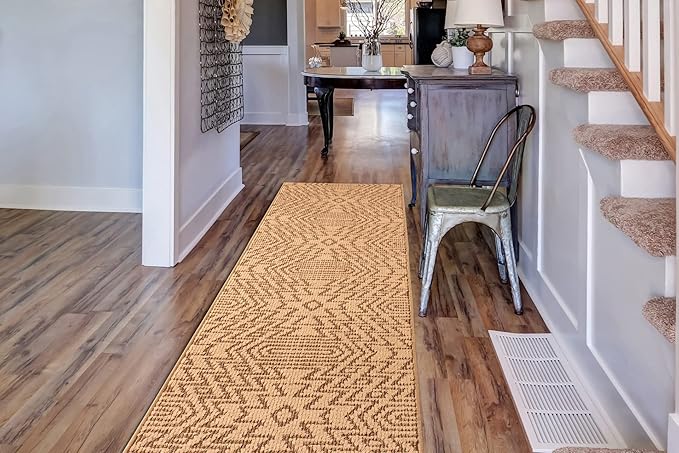Custom Length Cut to Size Tribal Ethnic Southwestern Inspired Hallway Runner Rug, Non Slip Rubber Backed, 31 inch Wide X Customized Length, Inca Tan, 31 inch X 8 feet