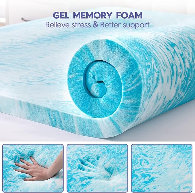 ABENE Queen Dual Layer 3 Inch Memory Foam Mattress Topper, 2 Inch Gel Memory Foam Plus 1 Inch Down Alternative Pillowtop Mattress Pad Cover, Soft Gray Bed Topper Support for Pressure Relief