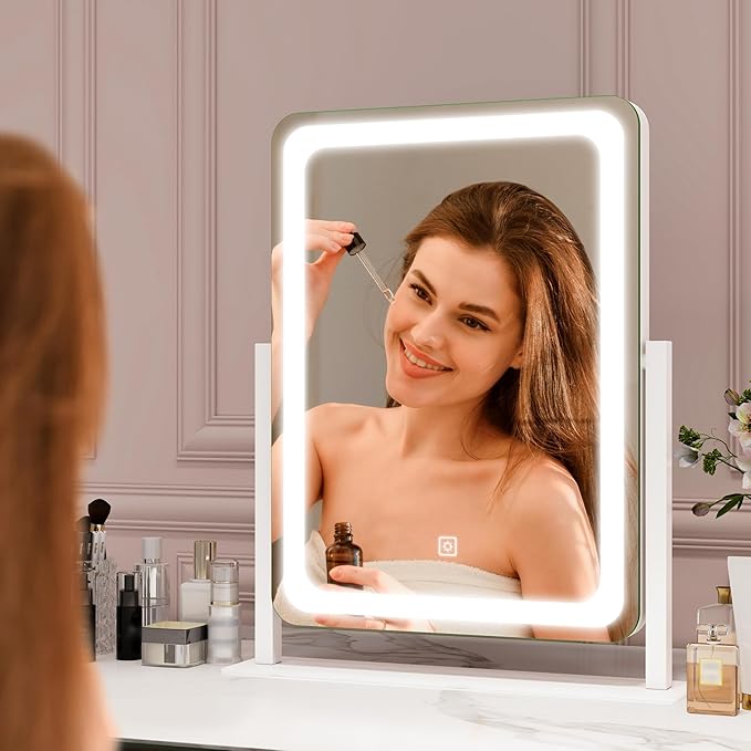 Vanity Mirror with Lights, 12.6"×15" LED Makeup Mirror, Lighted Makeup Mirror with Lights, Smart Touch Control Dimmable 3 Modes Light, Lighted Up Mirror for Makeup Desk, Bedroom, Dressing Room