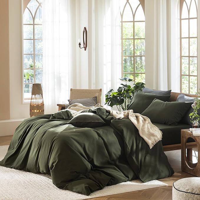 MooMee Bedding Duvet Cover Set 100% Washed Cotton Linen Like Textured Breathable Durable Soft Comfy (Solid Olive Green, Cal King 104"x98")