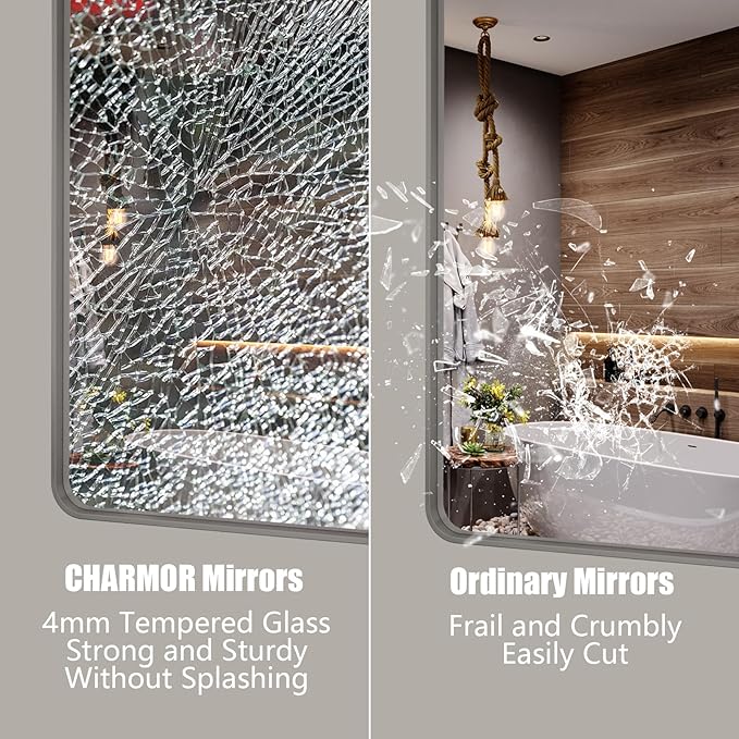 48x36 Silver Bathroom Mirror, Brushed Silver Framed Bathroom Vanity Mirror, Modern Rectangle Mirror, Rounded Corners, Shatterprood, Anti-Rust (Horizontal/Vertical)