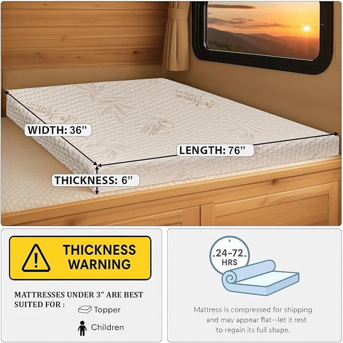 Foamma 6" x 36" x 76" Mattress for RV with Water Resistant Organic Cotton Cover, Firm High Density Foam, USA Made, CertiPUR-US Certified Foam