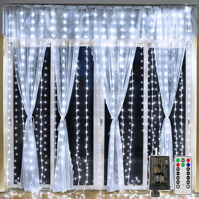 Ollny Curtain Lights 300LED 9.8ftx9.8ft, Connectable IP67 Waterproof Outdoor Curtain String Lights with Remote, Plug-in Untangle Fairy Lights with 8 Modes 3 Timers for Wall Backdrop Decor(Cool White)